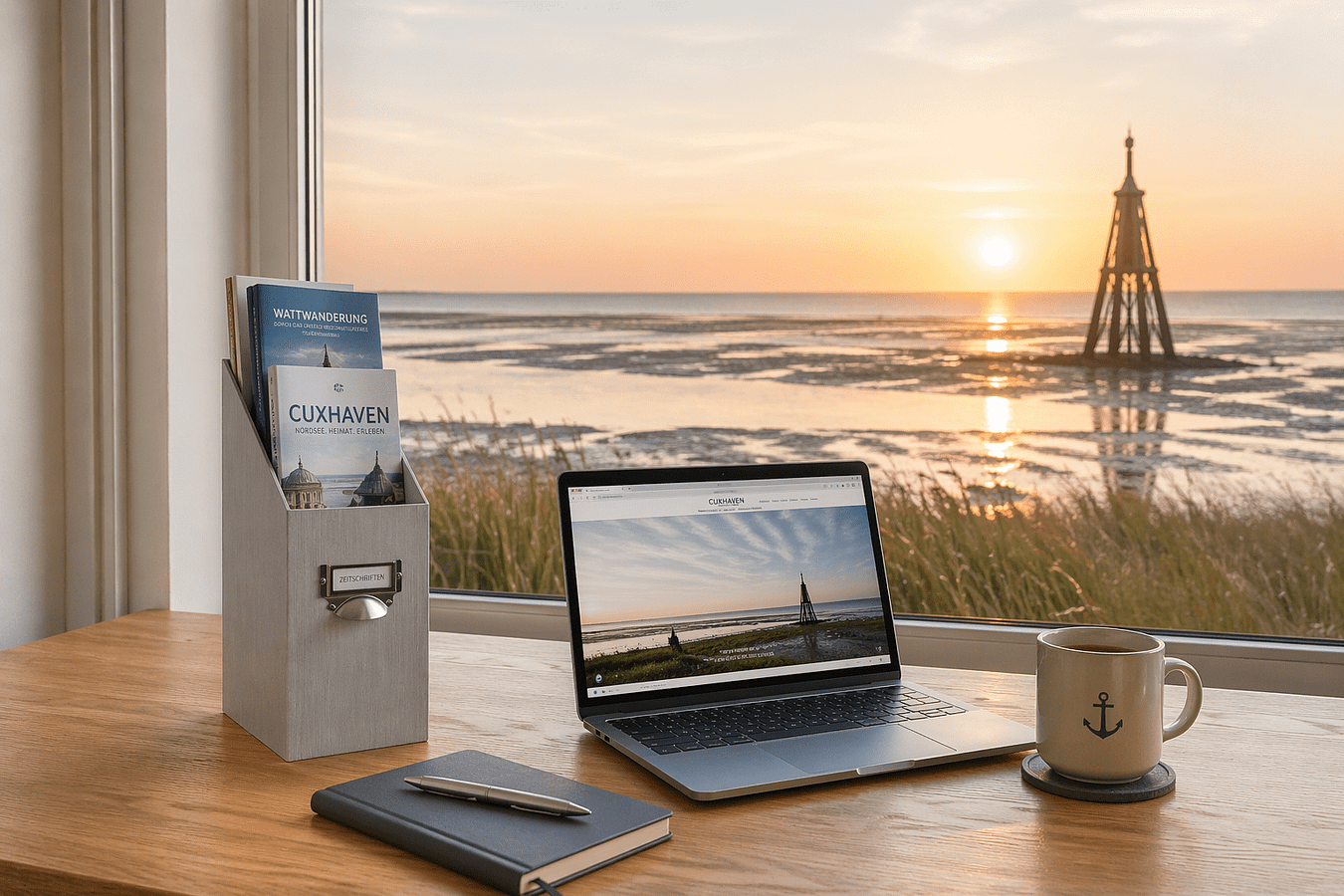 Home-Office Cuxhaven 2026 Home-Office Cuxhaven 2026 - Moderner Arbeitsplatz in Cuxhaven mit Blick auf das Wattenmeer und Organisationstools für effizientes Arbeiten.