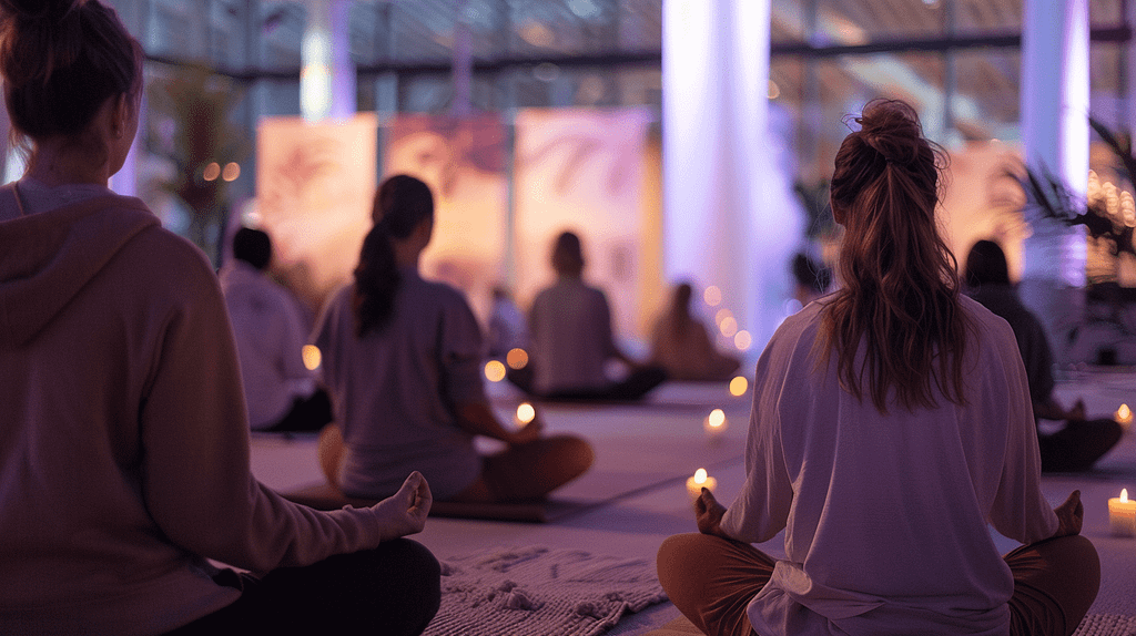 a group of people meditating in a room with candles