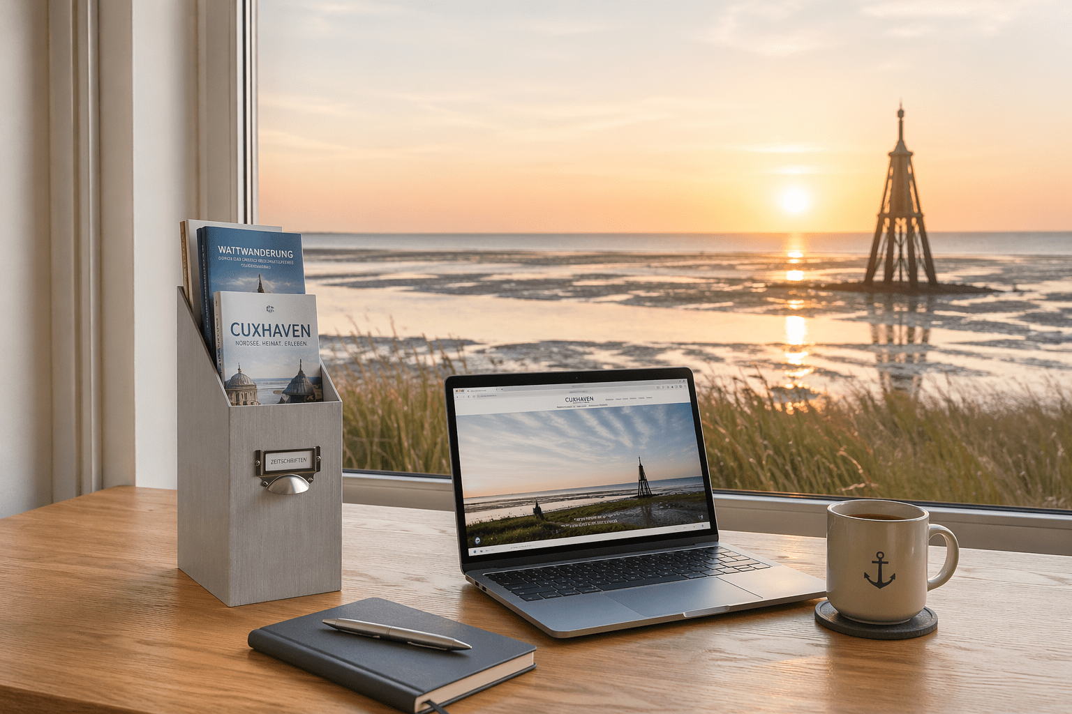 Home-Office Cuxhaven 2026 Home-Office Cuxhaven 2026 - Moderner Arbeitsplatz in Cuxhaven mit Blick auf das Wattenmeer und Organisationstools für effizientes Arbeiten.